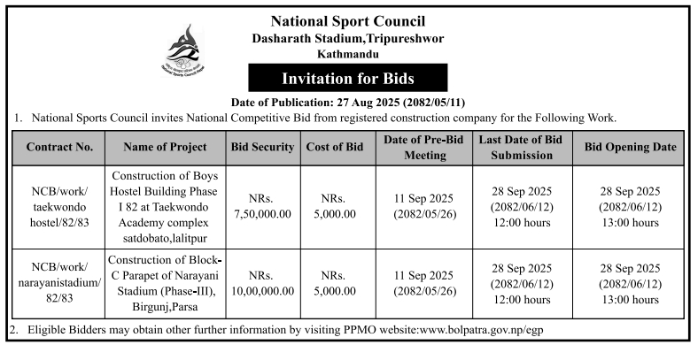 Invitation For Bid For Construction Of Boys Hostel And Stadium Parapet Work