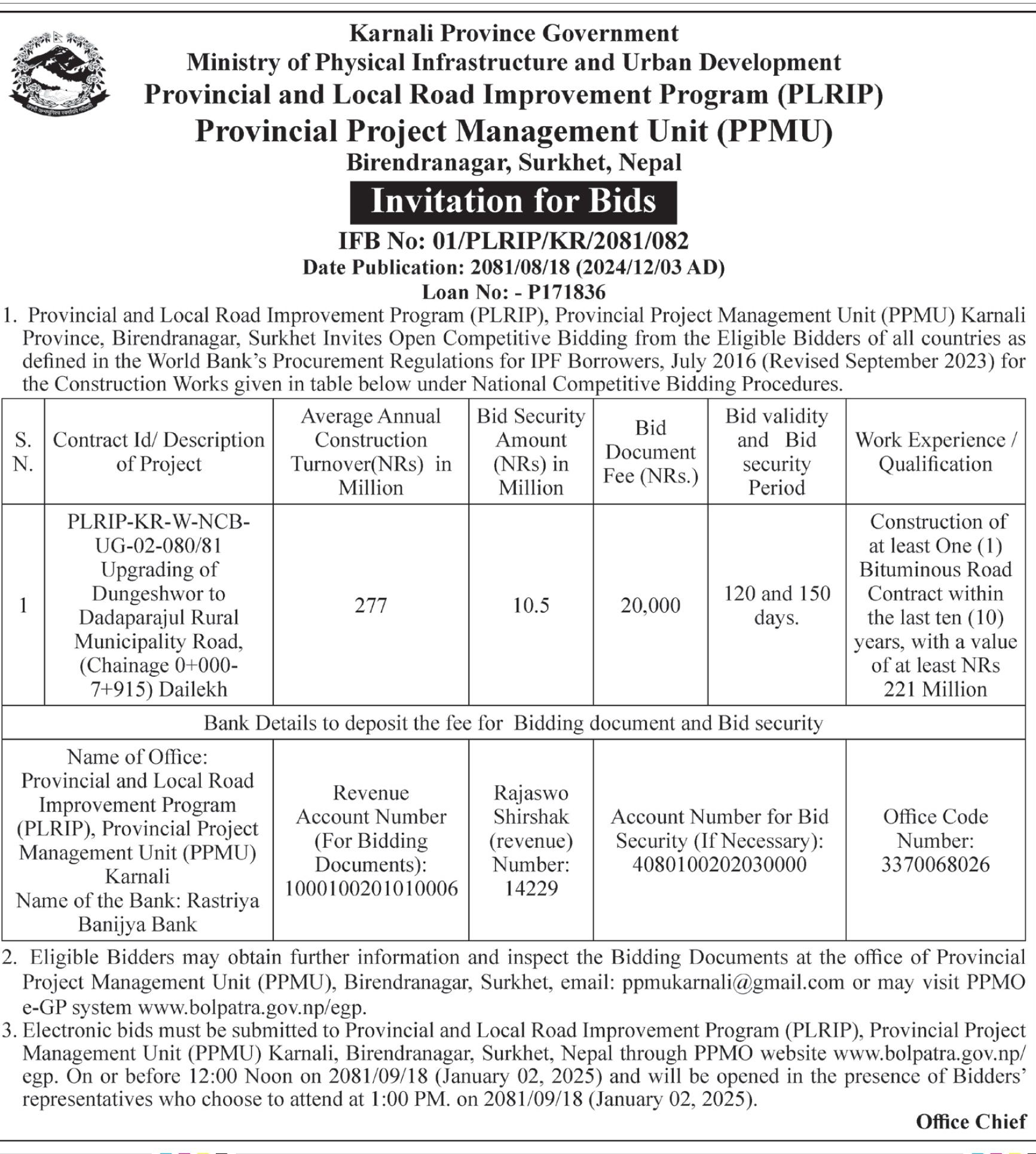 Invitation for Bids for Upgrading of Road in Surkhet