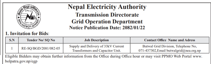 Invitation for Bids for Supply and Delivery of 33kV Current Transformers and Capacitor Unit