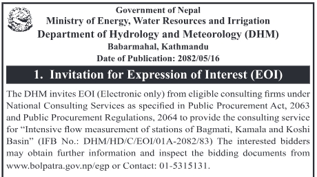 Invitation For Expression Of Interest (EOI) For Intensive Flow Measurement Of Stations Of Bagmati, Kamala And Koshi Basin