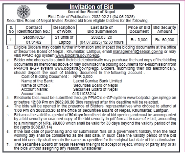 Invitation For Bid For Supply Of 21 Laptops