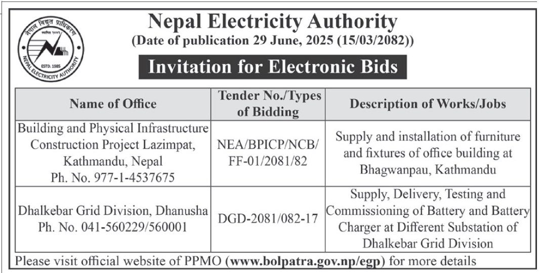 Invitation for Electronic Bids for Office Furniture Supply and Battery Installation at Dhalkebar Grid Division