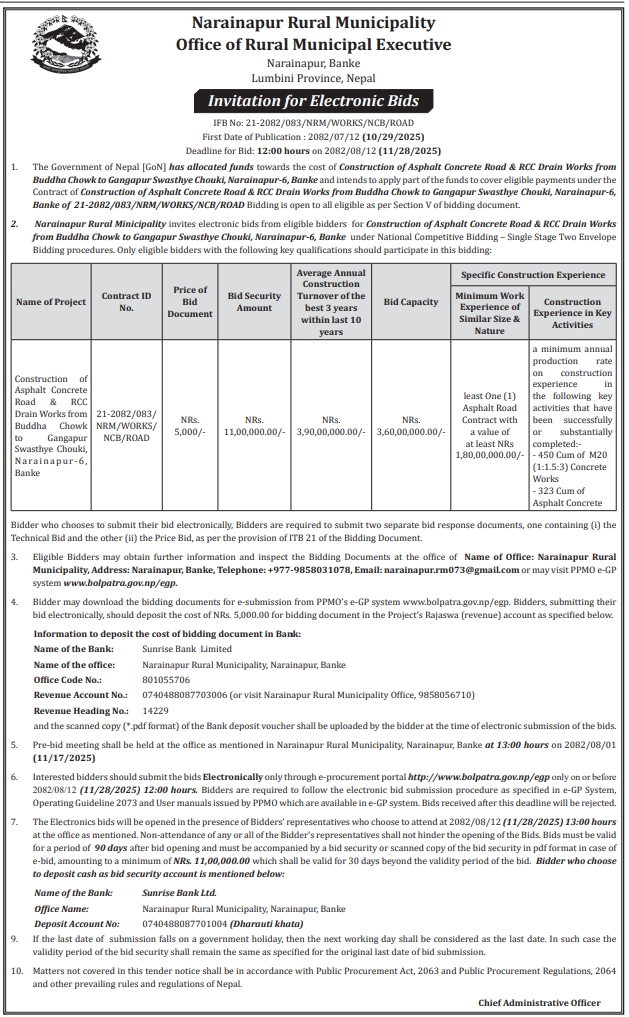 Invitation For Electronic Bids For Construction Of Asphalt Concrete Road & Rcc Drain Works From Buddha Chowk To Gangapur Swasthye Chouki, Narainapur-6, Banke