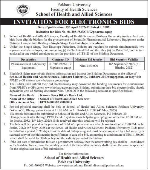 Invitation for Electronic Bids for Pharmaceutical Laboratory Equipment