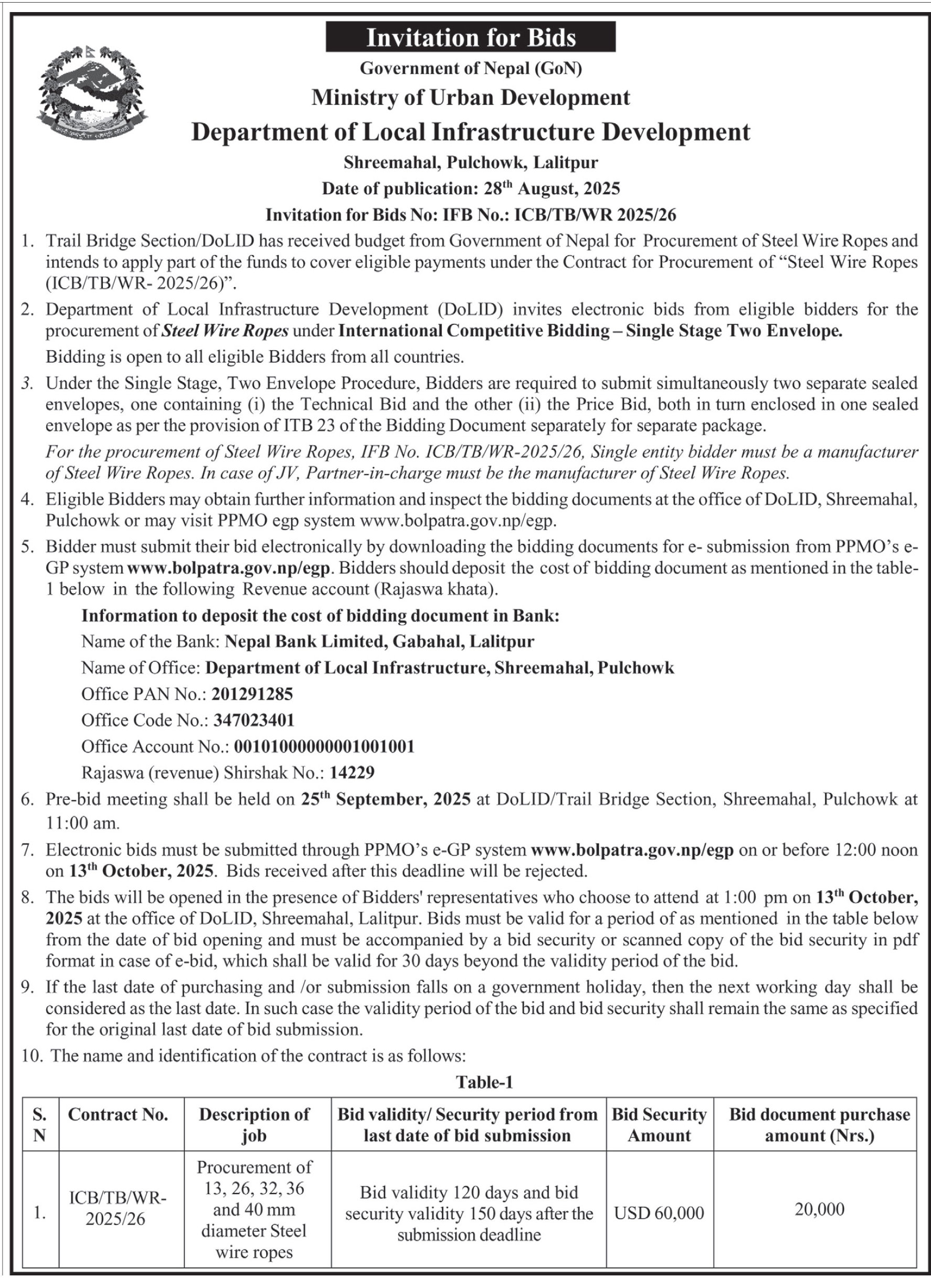 Invitation For Bids For Procurement Of Steel Wire Ropes