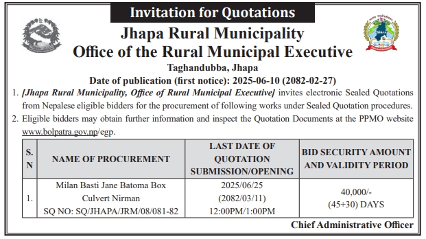 Invitation For Quotations For Milan Basti Jane Batoma Box Culvert Nirman