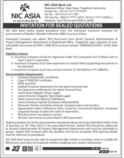 Invitation for Sealed Quotation for Procurement of Banker's Blanket Indemnity (BBI) Insurance Policy