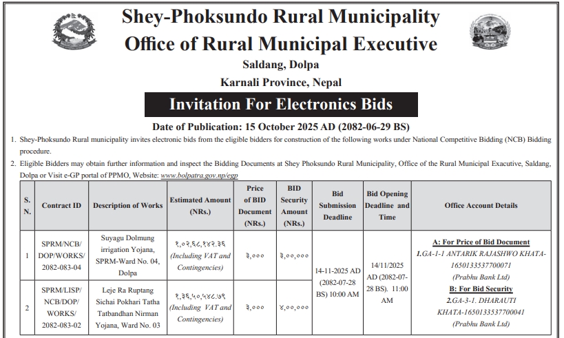Invitation for Bids for Construction Works in Shey-Phoksundo Rural Municipality, Dolpa