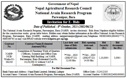 Invitation For Bids For Completion And Finishing Works Of Quarters, Scientist And Office Cum Meeting Hall Building At Narp, Parwanipur, Bara