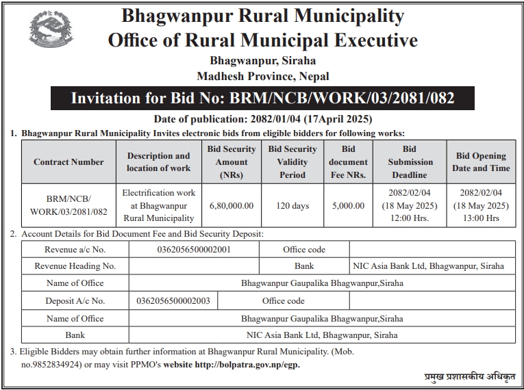 Invitation for Bid for Electrification Works