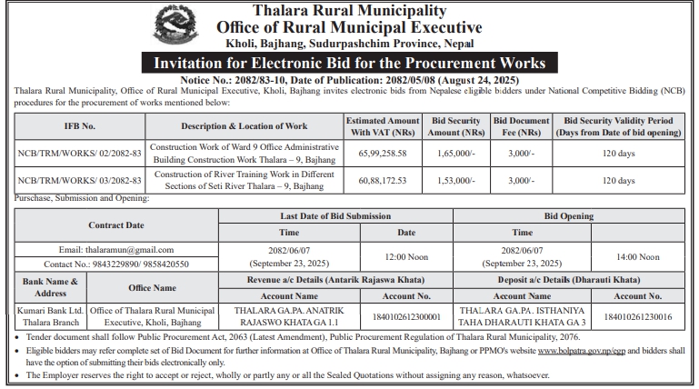 Invitation For Electronic Bids For Construction Of Ward 9 Office Administrative Building And River Training Work