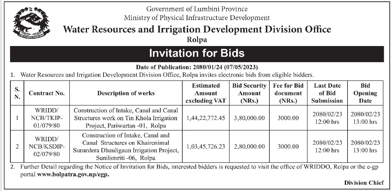 Construction of Intake, Canal and Canal Structures work Tender merojob
