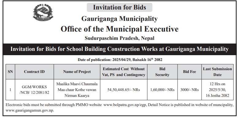 Invitation for Bids for School Building Construction Works at Gauriganga Municipality