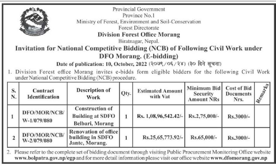 National Competitive Bidding (NCB) of Following Civil Work under DFO Morang