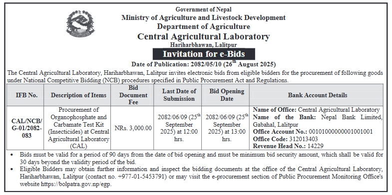 Invitation For E-bids For Procurement Of Organophosphate And Carbamate Test Kit