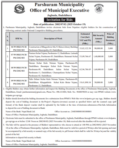 Invitation For Electronic Bids — Parshuram Municipality, Dadeldhura