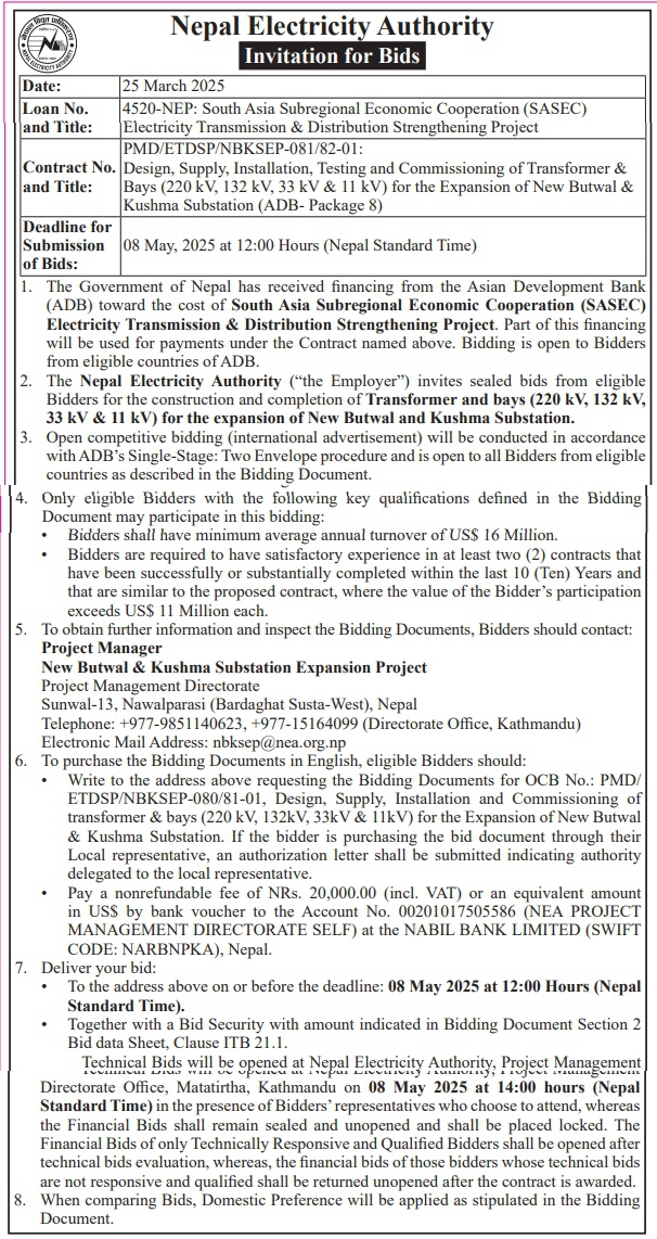 Invitation for Bids for Design, Supply, Installation, Testing and Commissioning of Transformer and Bays