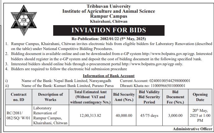 Invitation for Bids for Laboratory Renovation of Rampur Campus, Chitwan