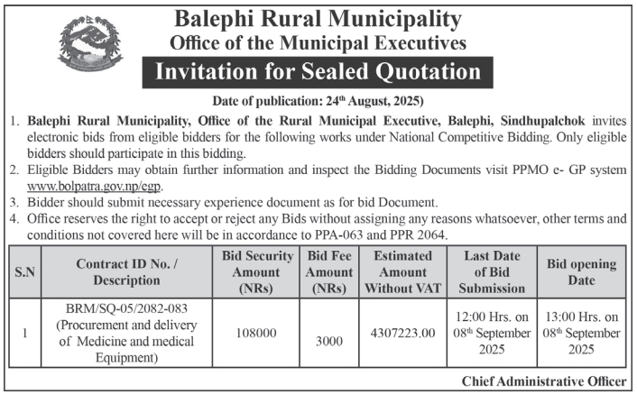 Invitation For Bids For Procurement And Delivery Of Medicine And Medical Equipment