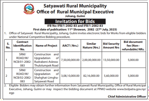 Invitation For Bids For Construction And Upgradation Of Roads In Satyawati Rural Municipality, Gulmi
