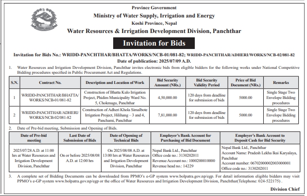 Invitation For Bids For Water Resources & Irrigation Development Division, Panchthar