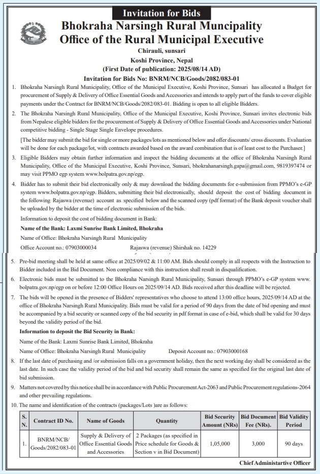 Invitation For Bids For Supply & Delivery Of Office Essential Goods And Accessories
