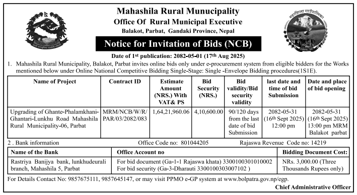 Invitation For Bids For Upgrading Of Ghante-phalamkhani-ghantari-lunkhu Road, Mahashila Rural Municipality, Parbat