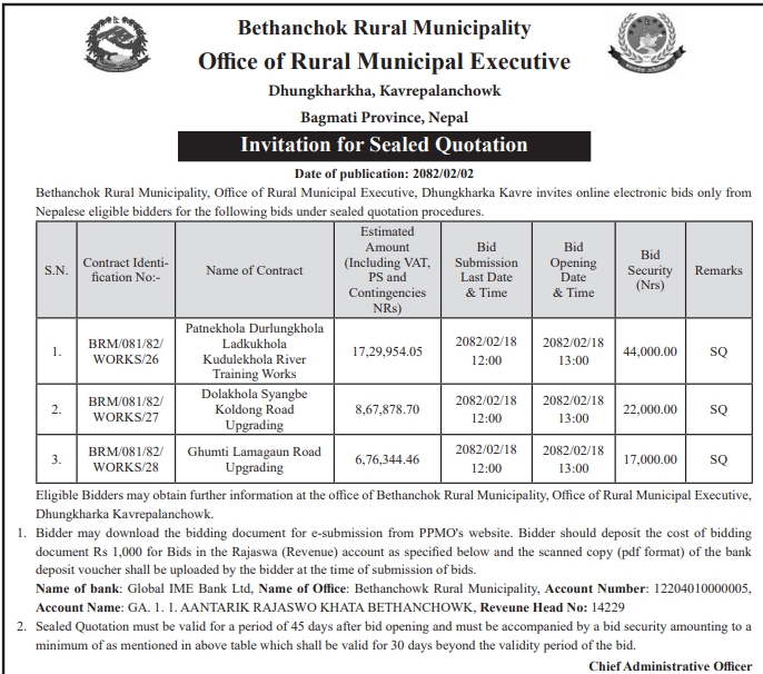 Invitation for Sealed Quotation for River Training and Road Upgrading Works