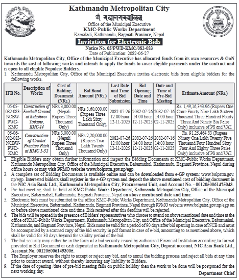 Invitation For Electronic Bids For Construction Of Football Ground And Cricket Practice Pitch, Kathmandu Metropolitan City