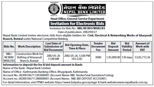 Invitation For Electronic Bids For Civil, Electrical & Networking Works Of Khasyouli Branch, Butwal
