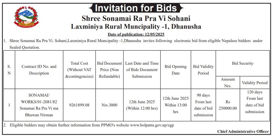 Invitation for Bids - Sonamai Ra Pra Vi ma Bhawan Nirman