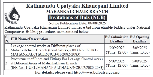 Invitation for Bids for Leakage Control Works and Procurement of Pipes and Fittings