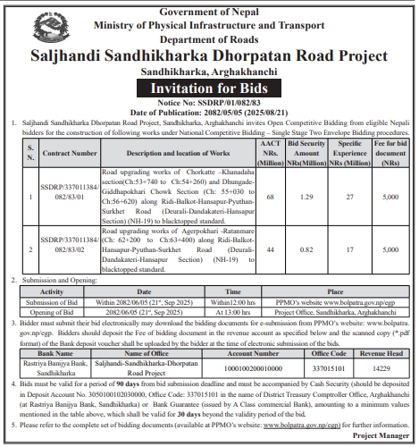 Invitation For Bids For Road Upgrading Works Along Ridi-balkot-hansapur-pyuthan-surkhet Road