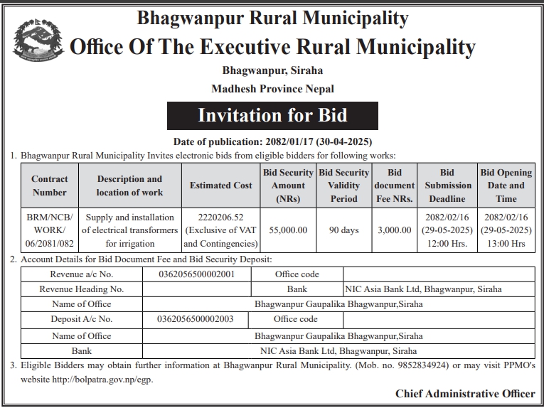 Invitation for Bid for Supply and Installation of Electrical Transformers for Irrigation