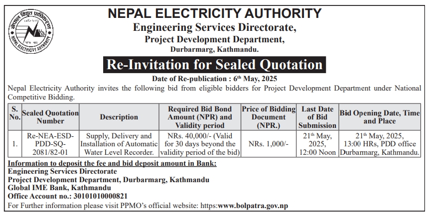 Re-Invitation for Sealed Quotation for Supply, Delivery and Installation of Automatic Water Level Recorder