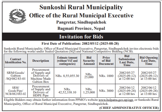Invitation For Bids For Supply And Delivery Of Gabion Box And Hdpe Pipe