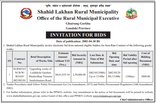 Invitation For Electronic Bids For Upgrading Ludikhola Gurdum Maskichhap Tinmane Jumlichautara Road