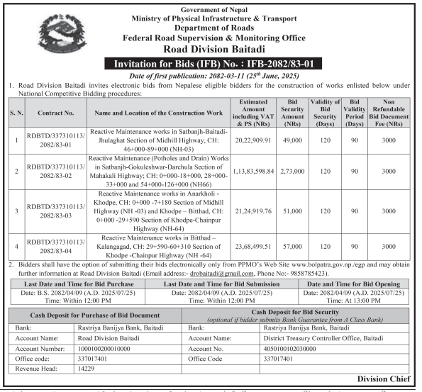 Invitation For Electronic Bids For Reactive Maintenance Works On Mid-hill And Mahakali Highways
