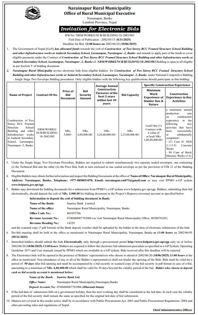Invitation For Electronic Bids For Construction Of Two Storey Rcc Framed Structure School Building And Infrastructure Works At Aadarsh Secondary School, Laxmanpur, Narainapur-2, Banke