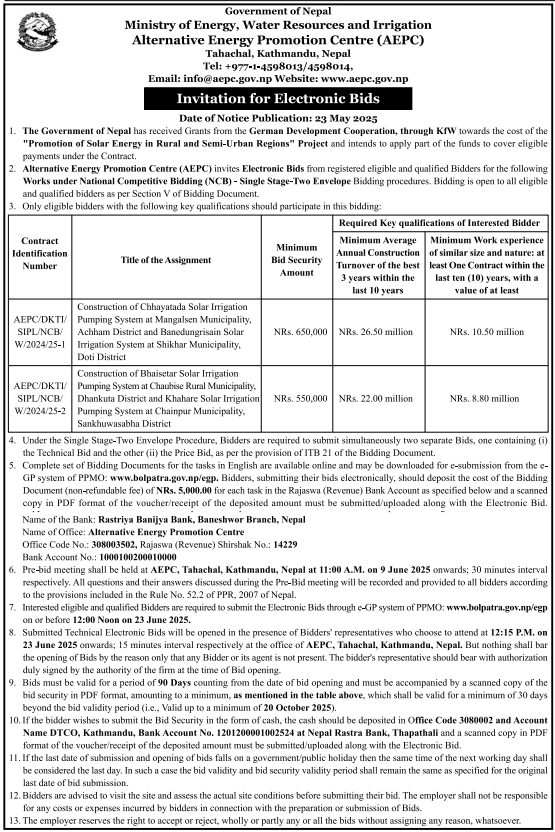 Invitation For Electronic Bids For Construction Of Chhaytada And  Bhaisetar Solar Irrigation Pumping System
