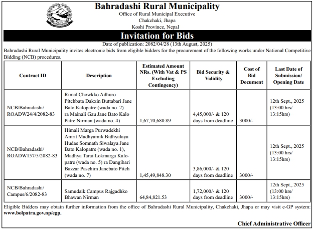Invitation For Bids For Bahradashi Rural Municipality, Jhapa