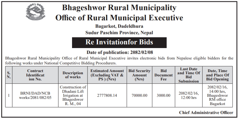 Re Invitation For Bids For Construction Of Dhadani Lift Irrigation At Bhageshwor