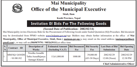 Invitation For Bids For The Procurement Of Goods