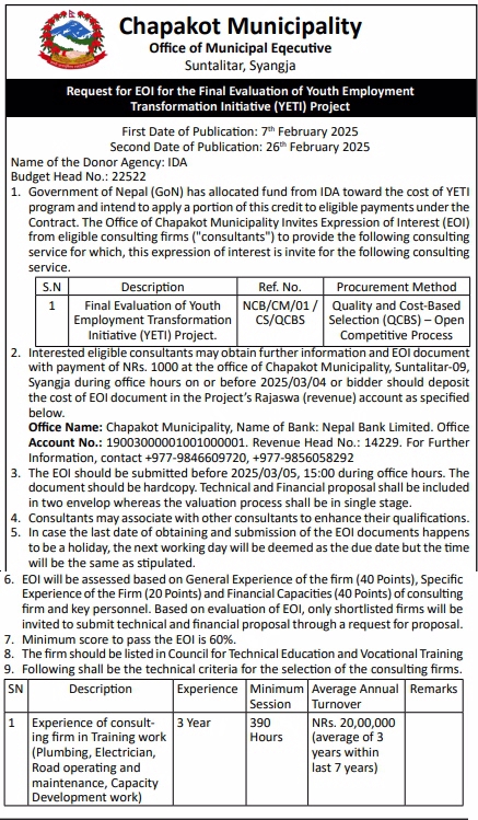 Request for EOI for the Final Evaluation of Youth Employment Transformation Initiative (YETI) Project