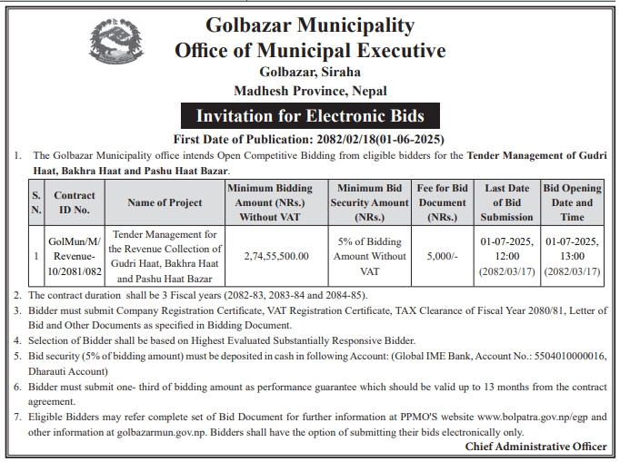 Invitation For Electronic Bids For Tender Management For The Revenue Collection Of Gudri Haat, Bakhra Haat And Pashu Haat Bazar