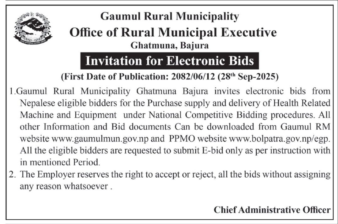 Invitation For Electronic Bids For Supply And Delivery Of Health-related Machines And Equipment, Gaumul Rural Municipality, Bajura