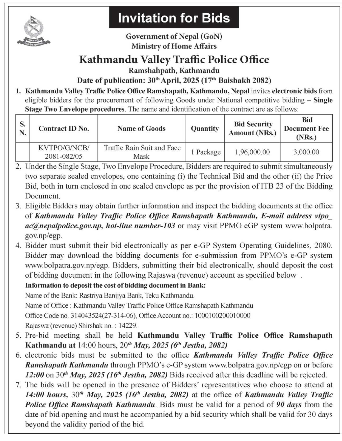 Invitation for Bids for Supply of Traffic Rain Suit and Face Mask
