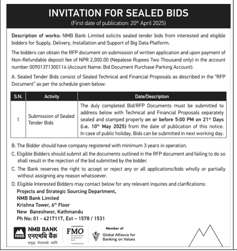 Invitation for Sealed Bids for Supply, Delivery, Installation and Support of Big Data Platform