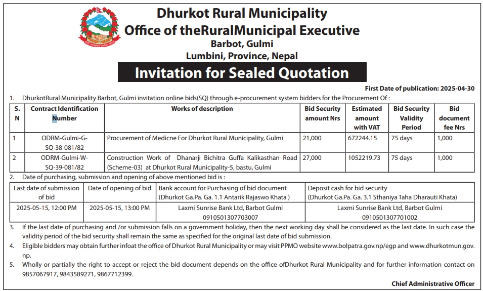 Invitation for Sealed Quotation - Procurement of Medicine and Construction Work of Dhanarji Bichitra Guffa Kalikasthan Road