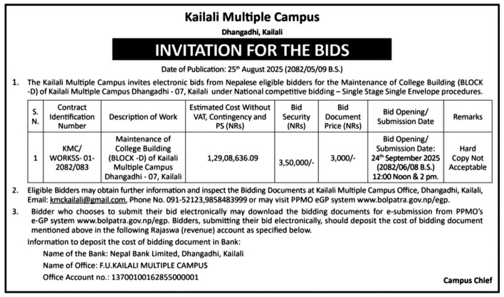 Invitation For Bids For Maintenance Of College Building (Block-D)